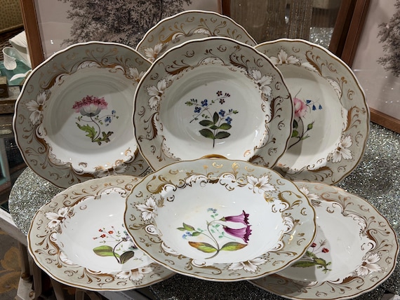 Georgian Bloor Derby Botanical Soup Plates: Gray Border Enameled Florals Gilded Rim (1811 1846)
