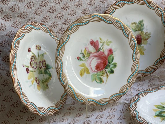 Antique 1800s Botanical Dessert Plates: Turquoise Jeweled Beading Basketweave Rims 8-Piece Set