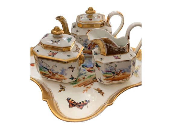 Antique China Set, Old Paris Cabaret Tea Set  With Hand Painted Birds and Butterflies, Teapot, Creamer, Lidded Sugar Bowl and Matching Tray