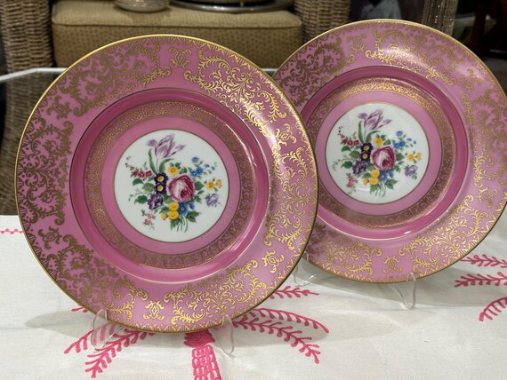 Vintage Bavarian Gilded Lace Dinner Plates: Pink Border  Antique Heirloom for Elegant Holiday Tables