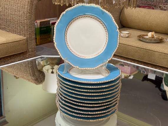 Blue Royal Worcester Dinner Plates Gilded Gadrooned Rims Heirloom SetVintage Elegant Formal Dinnerware