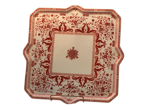 Antique Minton Chinoiserie Platter: Red Geometric Design with Gilded Rim 19th Century Elegance