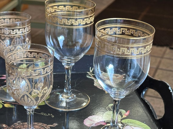 8pc Rare Antique French Saint Louis Crystal Stemware w Encrusted Gold Engraving, Neoclassic Designs, Greek Key Rim, Fleur de Lis, C 1800s