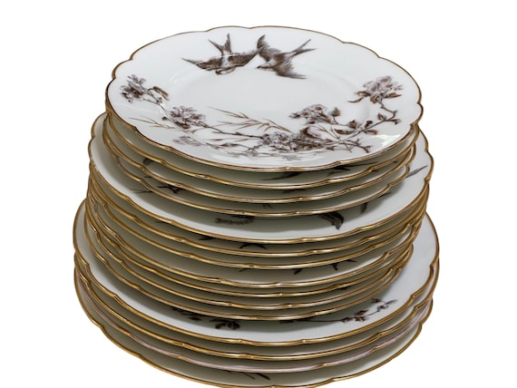 French Old Paris Dinner Set Brown and Blue Flora Fauna Theme Gilded Rims 15pcs