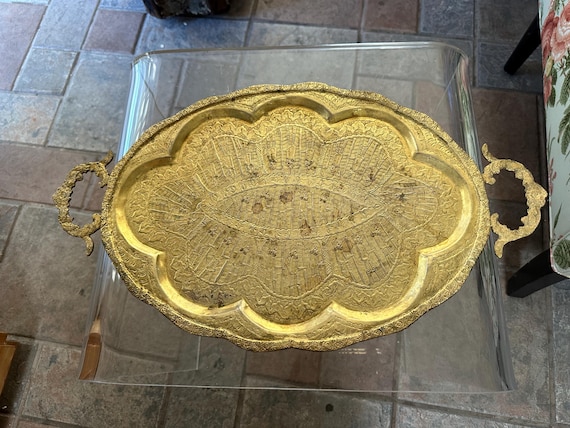 19th Century Persian Hand Carved Brass Metal Tray with Handles Family Heirloom Christmas Gift For Friend