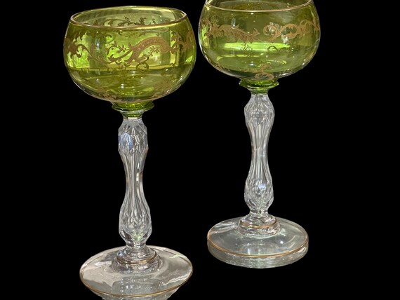 Antique St Louis Crystal Wine Hock Glasses: Frosted Etched Gold Barware