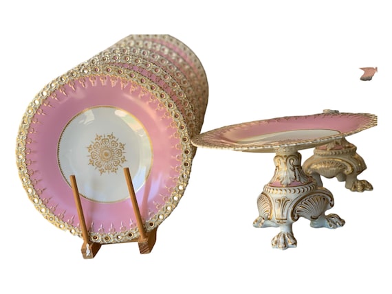 Antique Barr Flight Barr Dessert Set HandPainted Pink Border Gilded Medallion and Pierced Rims Family Heirloom Bride Wedding Gift C1807 1813