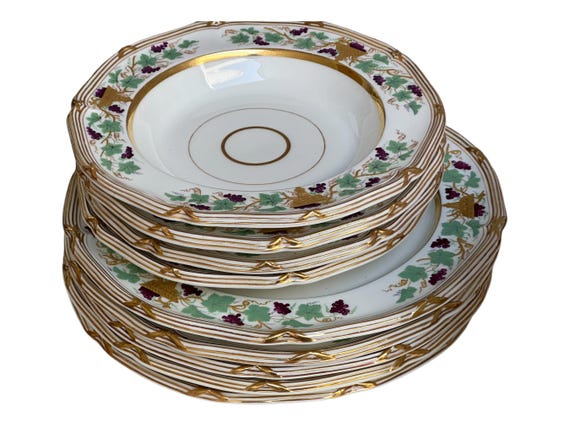 Rare Antique Davenport Dinnerware Set for 5 w French Louis XVI Gold Crossed Ribbon Motif Heirloom Quality Wedding Gift Circa 1830