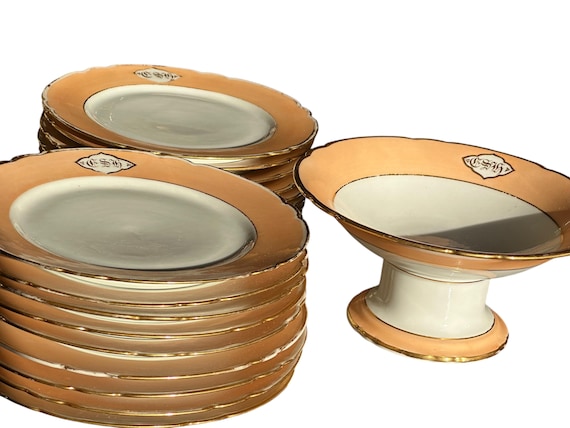18 French Old Paris Monogrammed Dessert Plates, Peach Border w Gilt, Neoclassic Embellishments, Wedding, Caterer, Event Planner, Circa 1850