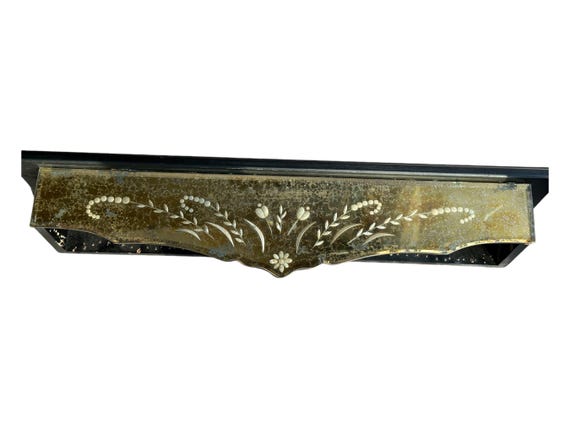 Vintage Bed Canopy, Bed Curtain Corona, Antiqued Mirror w Floral Design, Black Wood Frame,  Plate Rail, Hang Over Bed
