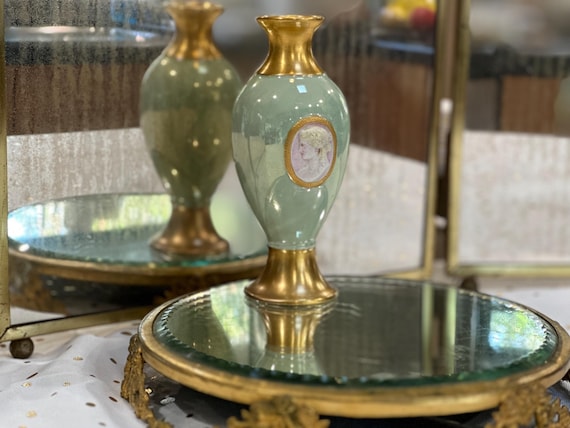 Six Inch Antique Green Lusterware Iridescent Porcelain Vase Female Medallion Gilt Trim Gift for Mother Circa 1927