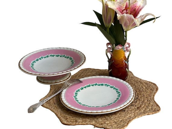 Nine Antique Pink Dessert Plates with Matching Cake Stand Embossed White  Gilded Rim Family Heirloom Wedding Gift for Bride C 19th Century