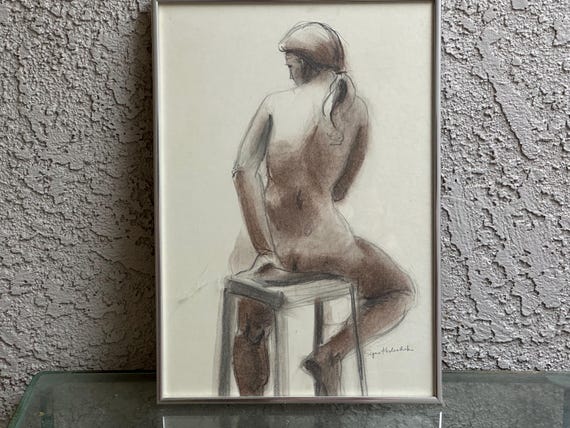 Signs Holechek Original Framed Nude: Sepia Wash and Ink Drawing  20th Century Art Collector's Piece
