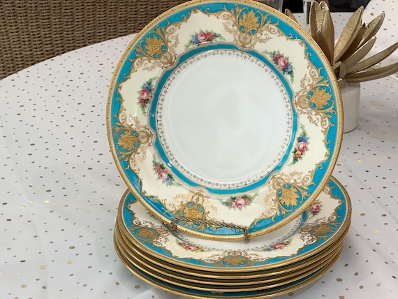 Vintage Minton China Set: Turquoise with Hand-Painted Pink Roses and Gold Embellishments
