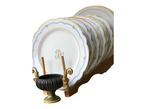 Antique French Old Paris Dessert Service for 6 w Blue and Gray Neoclassic Styling,  6 Monogrammed Plates, 2 Serving Plates, Wedding Gift,