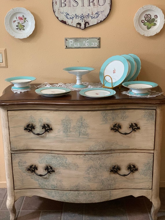 1830 Aqua English Dessert Set: 6 Gilded Floral Plates & Compotes