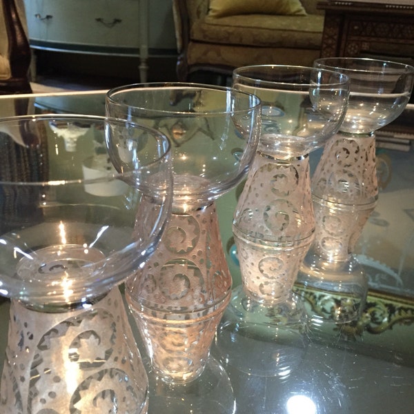 French Crystal Glassware,4 Champagne Glasses Signed Daum Nancy,Art Glass, Etched Base,Cross Lorraine,CocktailGlasses,Cabinet Display,8 OZ