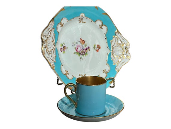 3Pc Antique English Dessert Set, Sky Blue Border, Small Dessert Serving Dish, Demitasse Cup, Gift for Her, Gilded  Rims,  Circa 1850 1931