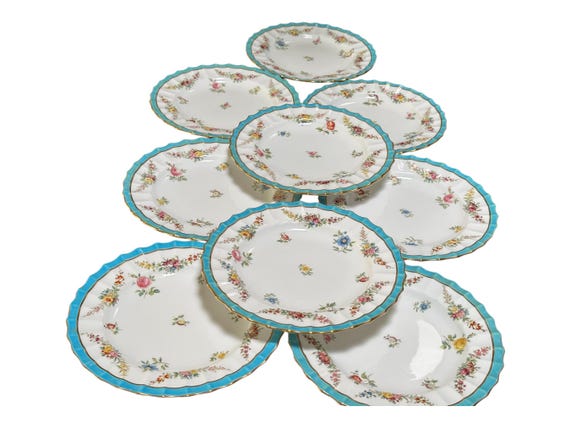 Vintage Copeland Spode Floral Dessert Plates: Turquoise Gilded Rims Hand Painted 1893 Heirloom Gift