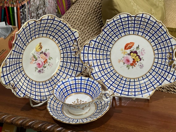Rare Antique H R Daniel Cobalt Blue Dessert Serving Set w Hand Painted Floral Bouquet, Unique Plaid Border,  Circa 1820