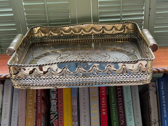 French Silverplate Brass Serving Tray Embossed Gallery Elegant Settings