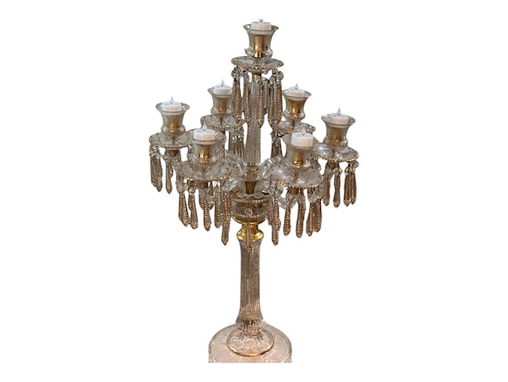 Antique French Baccarat Candlelabra: Gilded Prisms Etched Glass 19th Century Elegance