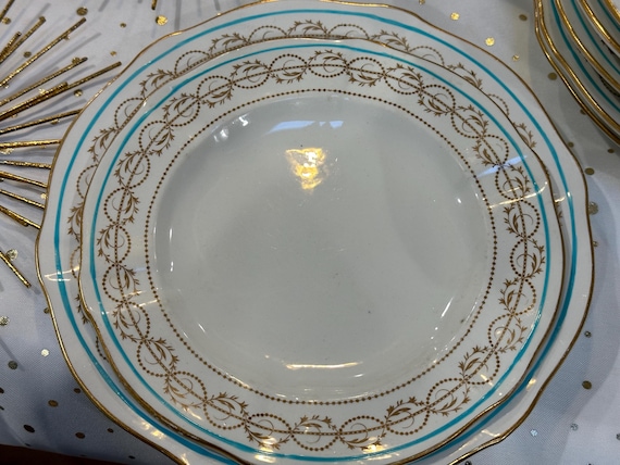 1900 Royal Crown Derby Turquoise China Set 12pc with Gold Design