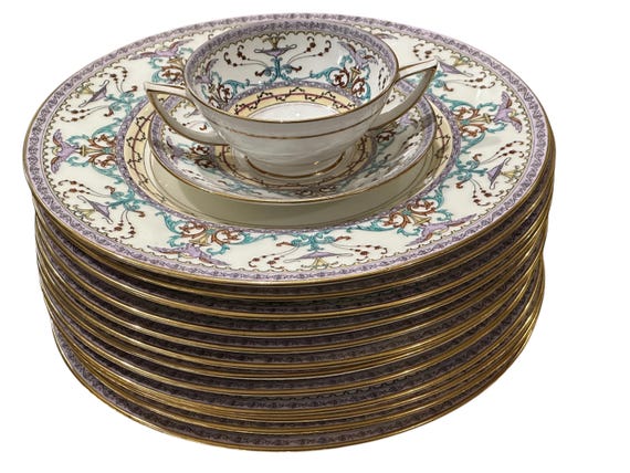 12 Antique Lavender Minton Dinner Plates w Turquoise Scrolls, Urns and Eagles, Neoclassical Styling, Timeless Quality, Gift for Her, C1900