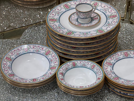 1915 Periwinkle Blue Royal Doulton Neoclassic Dinnerware Set with Pink Medallions