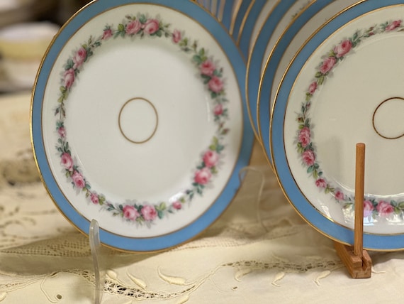 Antique French Sky Blue Dessert Set: 12 Hand-Painted Old Paris Dishes with Pink Roses Gilt Trim 1800s