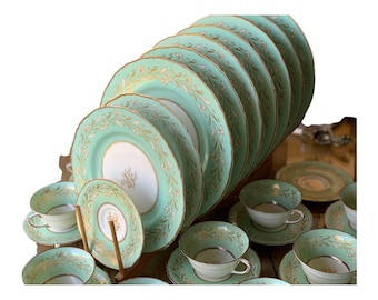 Vintage Mint Green Royal Worcester Dinnerware Set with Gold Florals