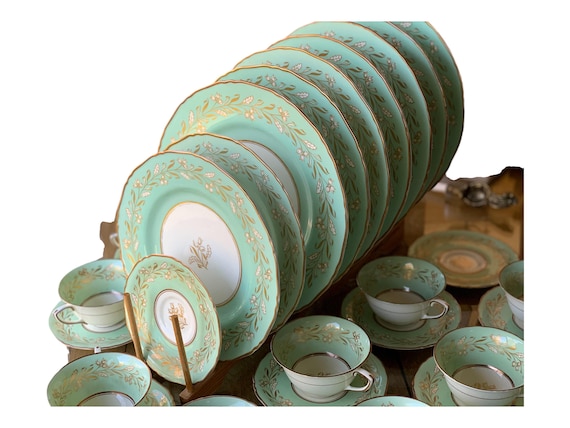 Vintage Mint Green Royal Worcester Dinnerware Set with Gold Florals
