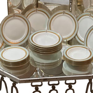 Antique Aqua Monogrammed China Set: 23pc Wedding Heirloom with Gilt Embellishments 1865 1875