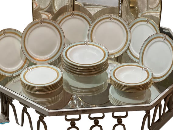 1800s Aqua Monogrammed William Fairbairns China Set: Gilt Embellishments 23 pcs