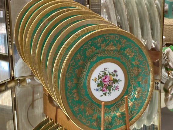 Vintage Crown Staffordshire Dinner Plates:  Embossed Gilded Border with Green Accents