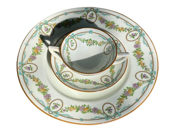 29Pc Antique Minton China Set  Heirloom w Rare Enameled Turquoise Ribbons Hand Painted Floral Swags  Wedding Gift for Bride