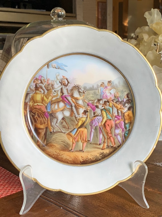 4 Old Paris Wall Plates w Hand Painted French Battle Scenes, Military Buff, Platinum Border,Gilded Scalloped Rims, Library Decor, C 1800s