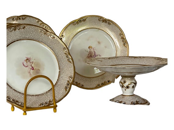 Rare 1820 Davenport Dessert Set 5 Plates Cake Stand Gilded Filagree Hand Painted Cupids Pierced Rims