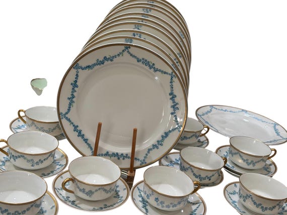 Antique Limoges dinner Plates & Teacup Sets: Hand-Painted Floral Swags Gilded Rims Elegant French China c1900 1932