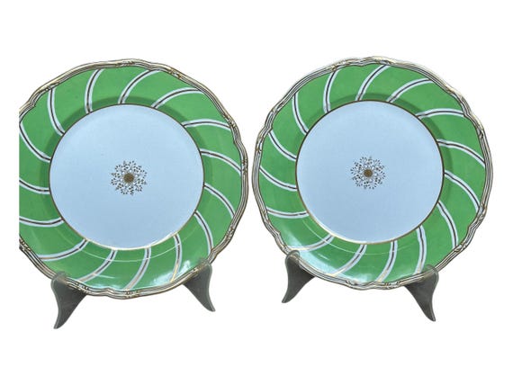 Rare Pr Antique Copeland Spode Dinner Plates w Unusual Striped Border, Scalloped Rims, Gilded Embellishments and Medallion, Circa 1850
