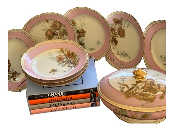 Rare French Pink Antique China Set for 8 Hand Painted Florals Gilded Scalloped Rim Lidded Tureen Family Heirloom Wedding Gift   C1900 1909