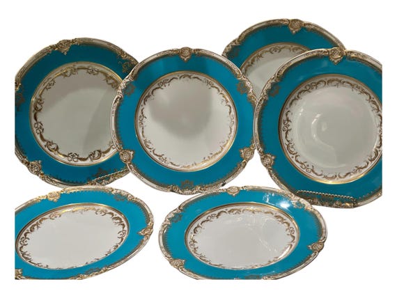 Rare Antiques English Dinner Plates: Celeste Blue Border Embossed Neoclassic Gilt Scalloped Rims