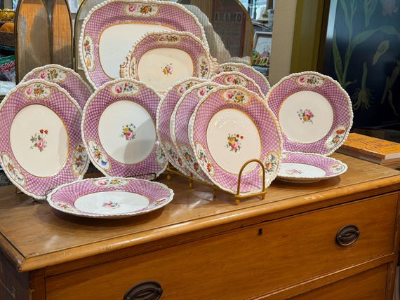 1825 Coalport Dinner Set Pink Latticed Border Hand-Painted Florals, Gadrooned Rims, Regency Porcelain