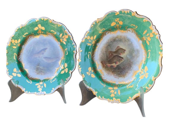 Rare Antique China Set, Pair Cauldon Fish Plates w Green and Gold Border, Hand Painted Swimming Fish, Circa 1891 1932