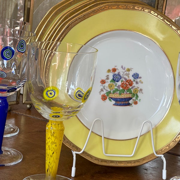 6 Antique Yellow Limoges Dinner Plates, w Hand Painted Enameled Yellow, Orange, Blue Florals, 12 Sided Encrusted Gold Rims, Circa 1900 1920