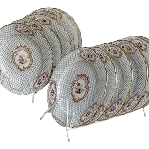 Antique Blue Dinner Plates: Enameled Crosshatch, Hand-Painted Floral Medallions, c.1815-1825