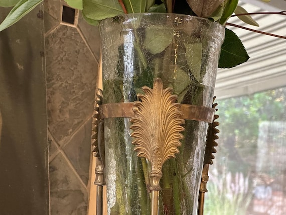 Elegant 20-inch Vintage Crackled Glass Vase 20-Inch with Brass Frame: Collectible Home Decor