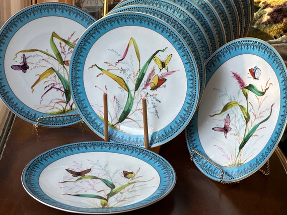 1800s Blue Minton Botanical Dessert Set: Hand-Painted Wildflowers