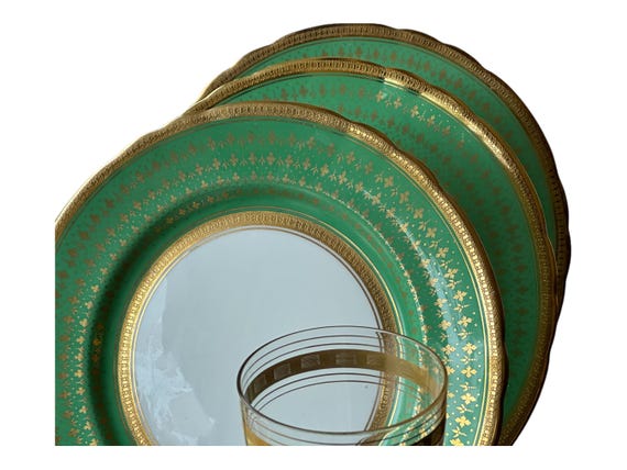 Antique Aynsley Green Dinner Plates with Gold Encrusted Border Scalloped Heirloom Collection Piece
