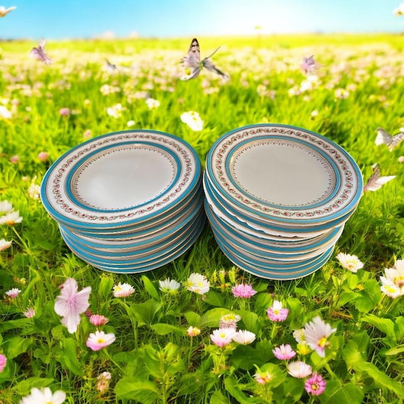 Vintage Turquoise Dinner Plates with Pink Roses- 18pc Set for Romantic Holiday Dining by George Jones